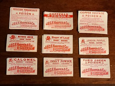  Harper & Co.  Apothecary ANTIQUE Victorian PHARMACY POISON LABELS 9 Pc. LOT • $12