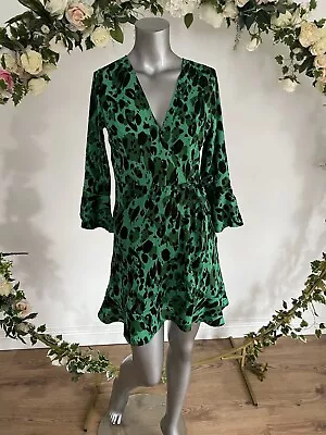 £14.99 • Buy Influence Dress Size 10 Green Satin Leopard Print Wrap Front Dress New LO79