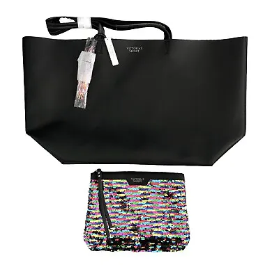Victorias Secret Black Tote Bag Faux Leather Rainbow Tassel 22x13 NWT MSRP $99 • $51.26