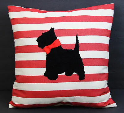 SCOTTIE DOG Decorative Throw Pillow 3D Furry Applique Accent Red White Stripe • $15.19