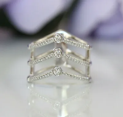 $695 • Buy Stunning New 14K White Gold 0.4 Ct Real Diamonds Three Lines V Shape Modern Ring