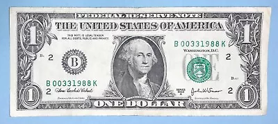 March 3 1988 (B 00331988 K) Birthday $1 One Dollar Bill Fancy Serial Number • $11.99