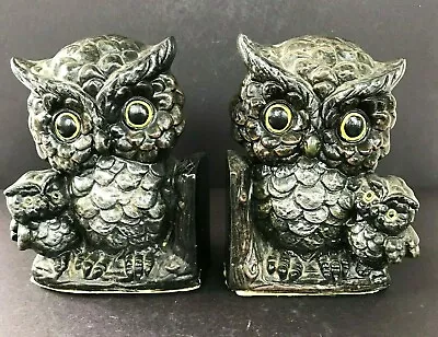 Owl & Baby Owlet Bookends Gray With Yellow Eyes Pair Vintage Chalk Ware • $23