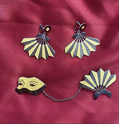 Vintage Margot De Taxco Black & Yellow Chain Collar Brooch Pin & Earrings Set • $375