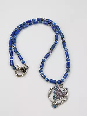 Vintage Siskyou Enamel Lapis Lazuli Beaded Butterfly Pendant Necklace 17  Long • $24.99