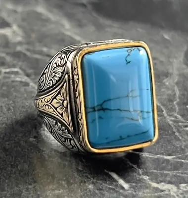 Square Turquoise Blue Gemstone Silver Ring Genuine Blue Stone Ring Handmade • $63