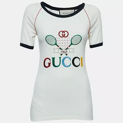 Gucci Cream Logo Tennis Embroidered Cotton Short Sleeve T-Shirt S • $163.80