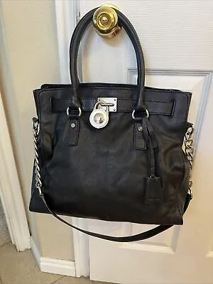 Womens Michael Kors Hamilton Large Black Leather Gold Lock Key Tote Bag + Tag • $42