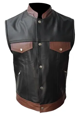 Mens Bikers Style Vest Black & Brown Genuine Cow Leather Waistcoat Jacket Vest • £69.99