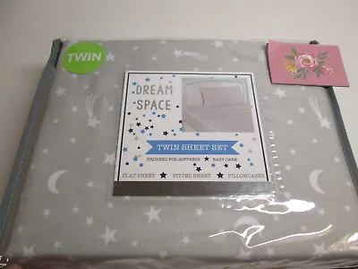 NEW Dream Space Twin Sheet Set Twilight MOON SHOOTING STARS ~ Gray And White • $34.98