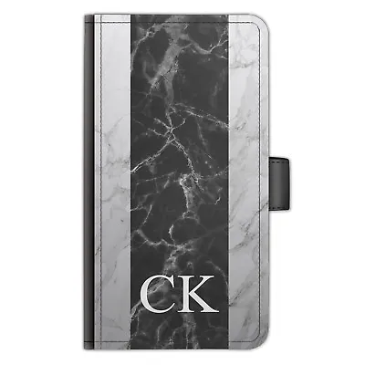 Personalised Initials PU Leather Phone Case Black Marble Stripe Side Flip Cover • $54.11