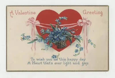 Vintage Valentine Postcard   RED HEART   BASKET FLOWERS   PINK RIBBON   UNPOSTED • $3