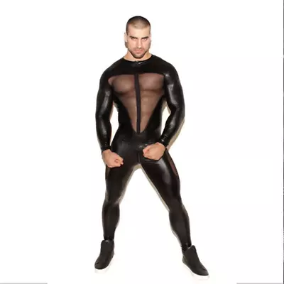 Men Mesh Faux Leather Bodysuit Jumpsuit Clubwear Party Splice Sheer Sexy Fashion • $28.85