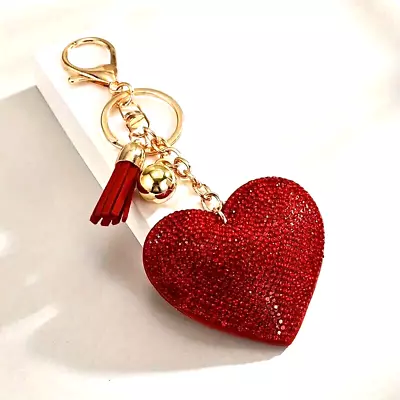 Car Key Sparkling Red Heart Shaped Key Chain Ring Rhinestone Pendant Bag Women • $15.98