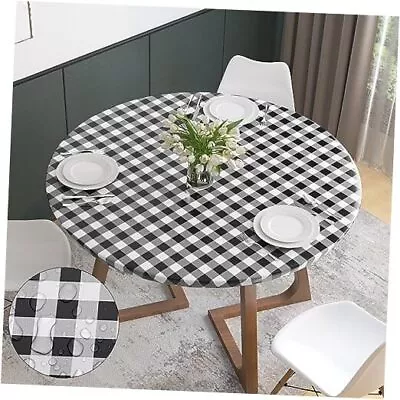  Vinyl Fitted Tablecloth With Elastic Edge Round 40 -44  Black And White Plaid • $13.98