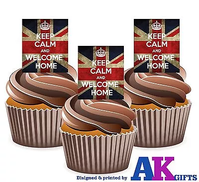 PRECUT Union Jack Welcome Home Sign 12 Edible Cupcake Toppers Cake Decorations • £3.99