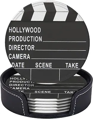 Movie Cinema Lapper Board Drinking Coasters PU Leather Coaster With Holder Coast • $33.18