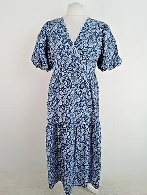 M&S V-Neck Short Sleeves Long Dress Blue Grey Floral NEW F2 • £7.99