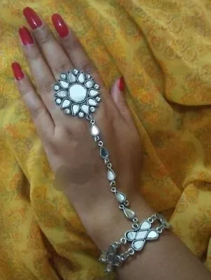 £15.74 • Buy Oxidized Mirror Hand Harness Indian Haathphool Bracelet With Adjustable Ring