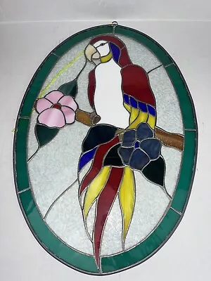 Vintage Tropical Parrot Stained Glass Window Hanging Panel Suncatcher 22”x 15” • $99.99