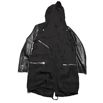 Zara Woman Full Zip Hooded Coat Faux Leather Sleeve Jacket Size Medium Black • $20.74