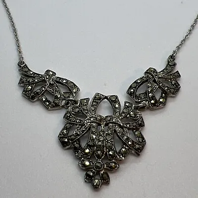 Marcasite Necklace Art Deco Bow Shape Sterling Silver Chain Vintage • $179
