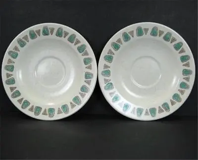 MCM Metlox Poppytrail Navajo 2 Coffee Cup Saucers Turquoise Brown Speckled Cream • $5.99
