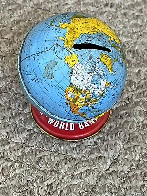 Vintage 1950s Ohio Art Co Tin Litho Toy World Globe Coin Bank • $16