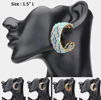 Half Hoop Circle Wide Seed Bead Metal Post Pierced Earrings Fashion Statement • $14.99