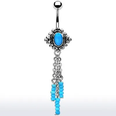316L Surgical Steel Teal Turquoise Vintage Look Chain Dangle Navel Belly Ring  • $9.99