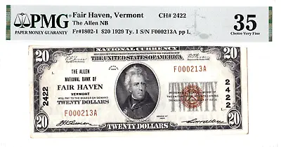 $20 1929 T1 National FAIR HAVEN Vermont VT  Mega Rare  ((Only 6 On Census)) • $495