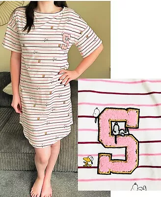 Ex Famous Store Snoopy Nightie Nightdress Pink White Pure Cotton Short Sleeved • £9.95