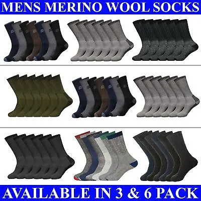 Mens Merino Wool Socks Winter Warm Hiking Work Boot Sock 3 & 6 Pairs Size UK6-11 • £12.99