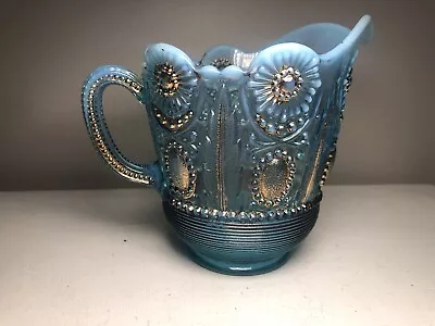 Vintage Jewel And Flower Vaseline Opalescent Blue Creamer With Gold Accents • $85