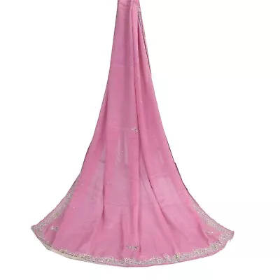 Sanskriti Vintage Dupatta Long Stole Pure Chiffon Silk Pink Hand Beaded Scarves • $27.38