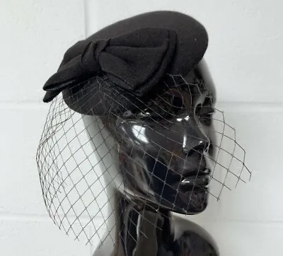 Handmade Winter Black Felt Woolen Mini Small Hat Big Hair Bow Veil Fascinator UK • $18.84