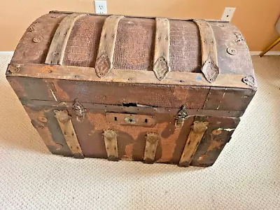 Antique 19th C. Victorian Dome Topped Tooled Leather Trunk Travel Chest • $170