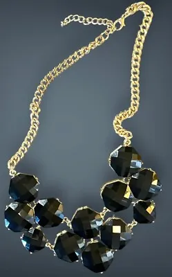 Black Faceted Rhinestone Gold Tone Chain Bubble Bib Necklace • $9.93