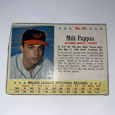 1963 Post Cereal Baseball Card #65 Milt Pappas - Baltimore Orioles • $1.29