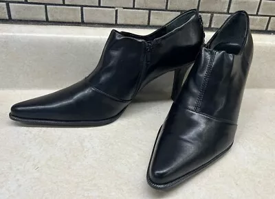 Franco Sarto Bootie 7.5 Black Faux Leather Boots Heel Pointy Toe Criss Cross Zip • $25