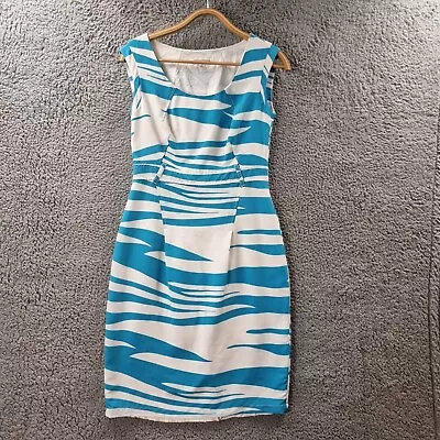 QUEENSPARK Womens Pencil Dress Size 8 Blue White Sleeveless Knee Length • $24.95