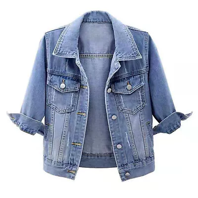 Lapel Denim Jacket Women Women's With 3/4 Sleeves Single Breasted Casual • $36.27