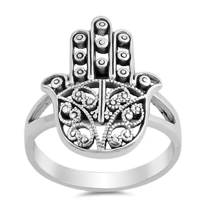 Filigree Hand Of God Hamsa Ring .925 Sterling Silver Heart Sizes 5-12 • £17.36