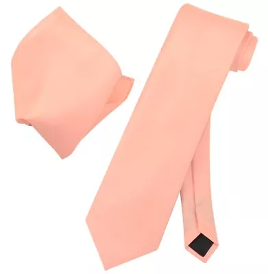 Vesuvio Napoli Solid PEACH Color NeckTie And Handkerchief Mens Neck Tie Set • $12.95