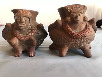 VINTAGE SET Of 2 MAYAN? Pottery Figure Holding Carrying Vase #F58 • $54.94