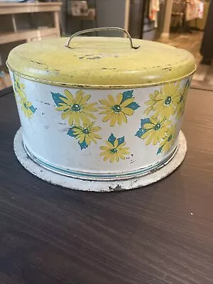 Vintage Metal Cake Carrier Yellow/White With Flowers MCM Weathered - 6” Tall • $20