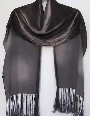 Silver Gray Velvet Scarf Shawl Wrap 4  Fringe Silk Viscose 13x60 Unlined • $12.99