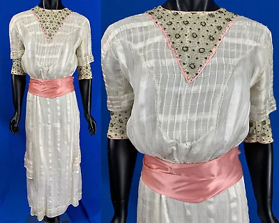 Titanic Era White Silk Organza Pink Belted Gold Embroidered Trim Tea Gown Dress • $179.99