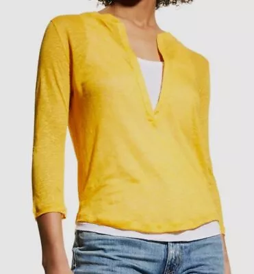 $250 Majestic Filatures Women Yellow Linen Long Sleeve Henley Tee Top Size 3/M • $70.38