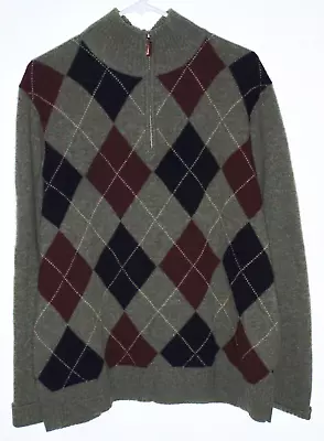 J. Crew L Men 100% Lambs Wool Gray Argyle Sweater 1/4 Zip Elbow Patches • $16.99